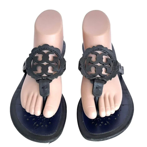 Tory Burch Miller Scallop Leather Sandals Navy Blue/Black Slide Women’s Size 10 - Picture 2 of 9